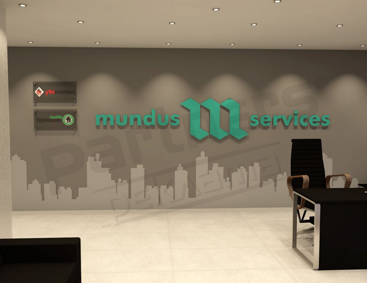 Mundus Services — фоайе с обемни букви и силует на град