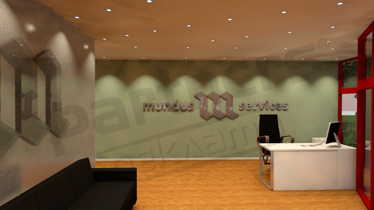 Mundus Services — рецепция с обемни букви